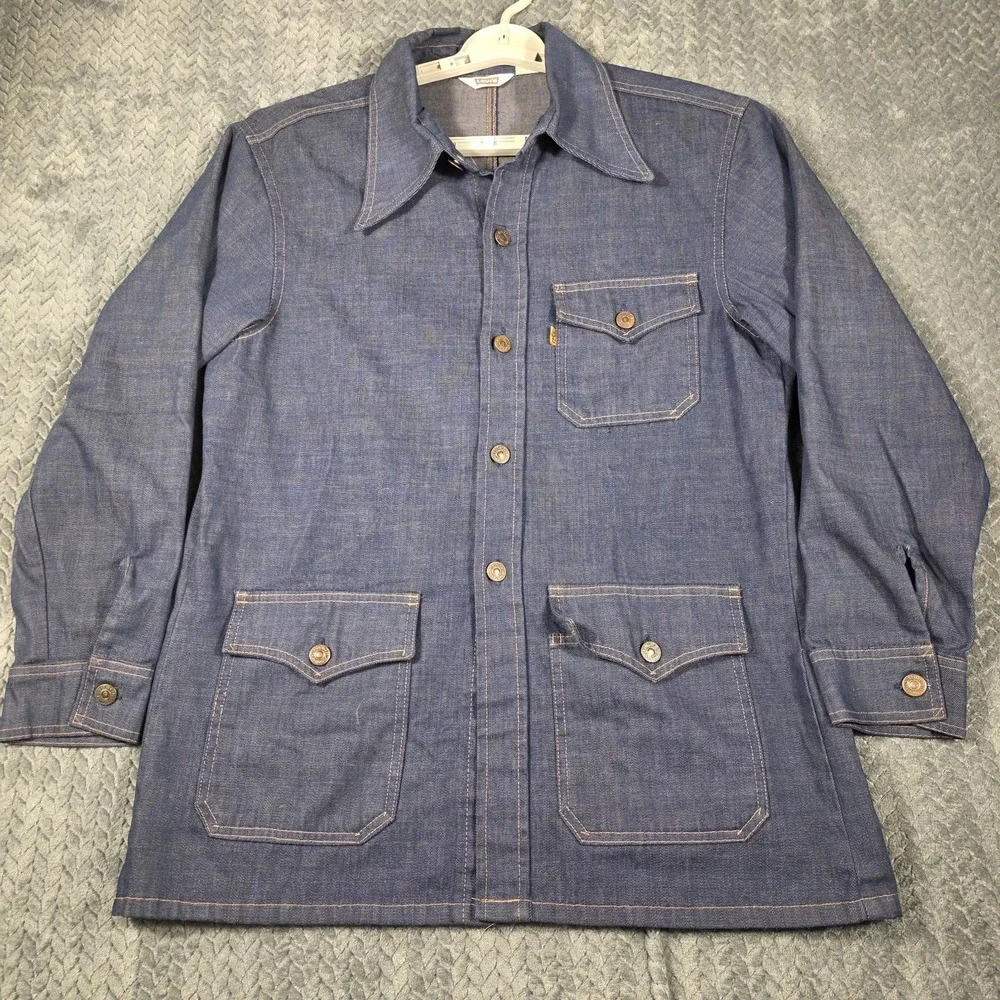 Vintage Levi's Denim Jean Chore Jacket Men's Medium Button Up Orange Tab Pockets - Picture 2 of 16